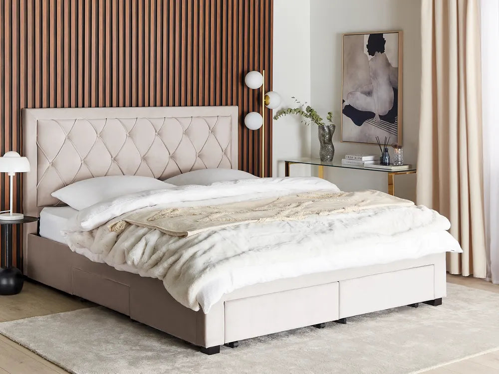 Beige upholstered bed in a modern bedroom setting