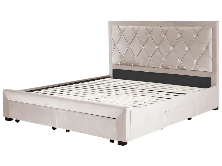White bed with diamond patterned headboard 