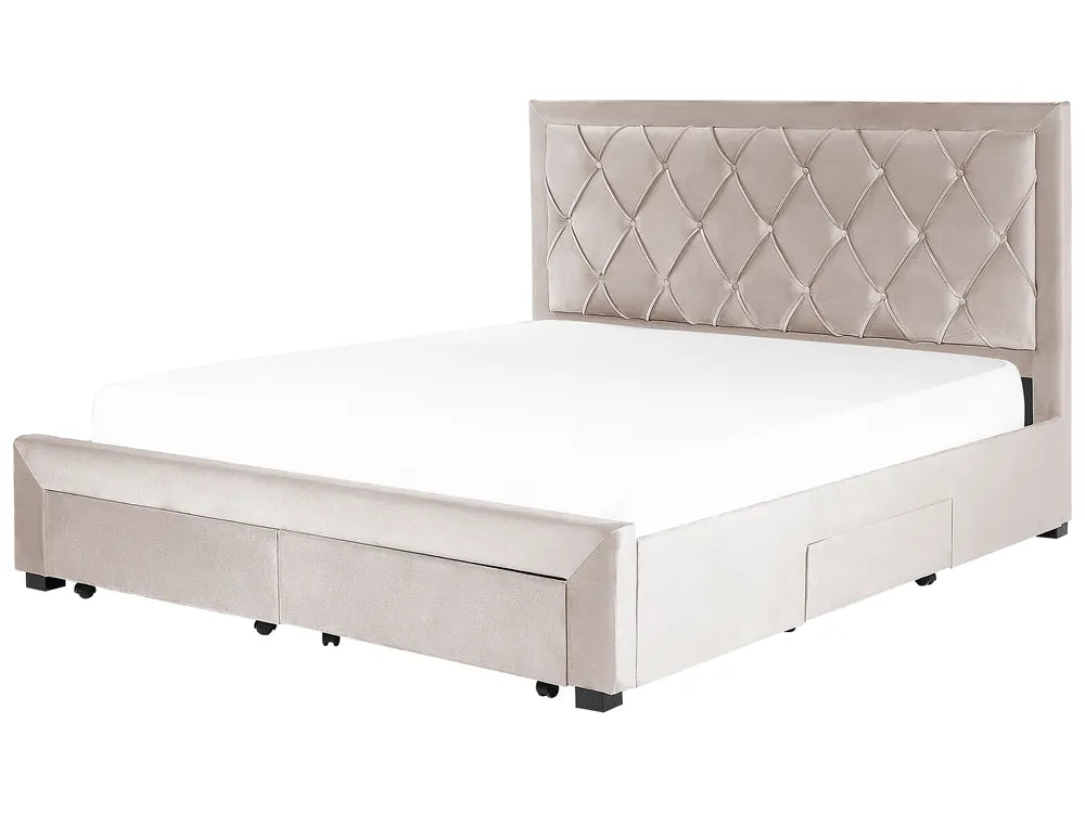 Beige upholstered bed with diamond patterned headboard 