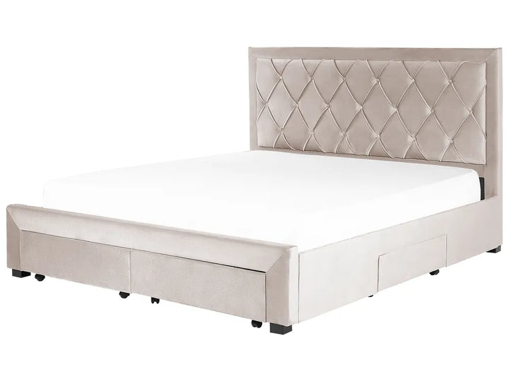 Beige upholstered bed with diamond patterned headboard 