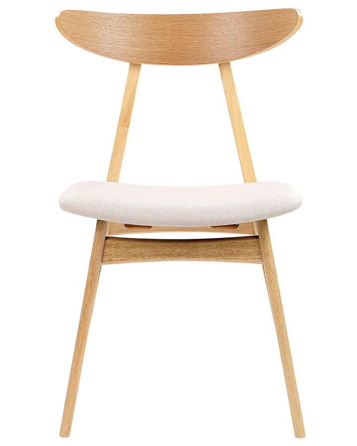 Light wood dining chair with curved wooden backrest and cream upholstered seat on a white background.