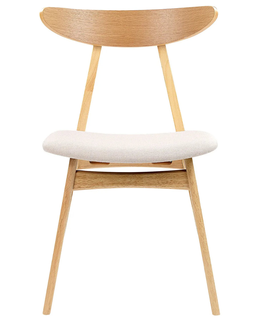 Light wood dining chair with curved wooden backrest and cream upholstered seat on a white background.