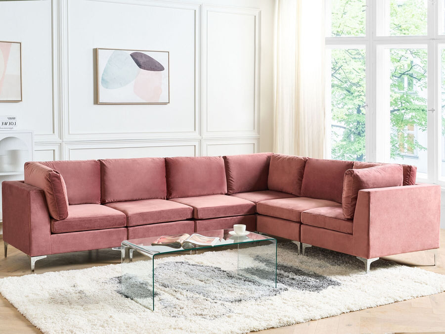 Evja Left Hand 6 Seater Modular Velvet Corner Sofa Pink