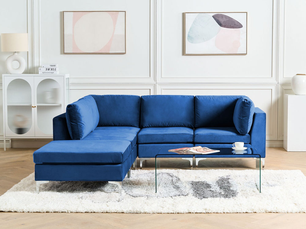 Evja Right Hand 4 Seater Modular Velvet Corner Sofa with Ottoman Blue