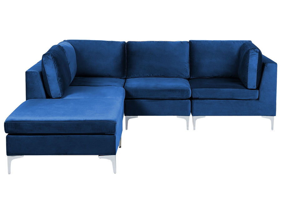 Evja Right Hand 4 Seater Modular Velvet Corner Sofa with Ottoman Blue
