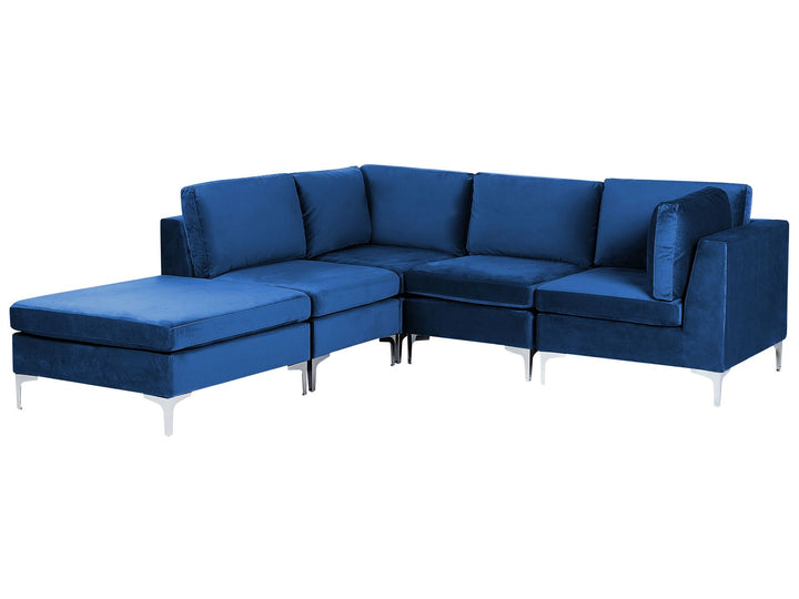 Evja Right Hand 4 Seater Modular Velvet Corner Sofa with Ottoman Blue