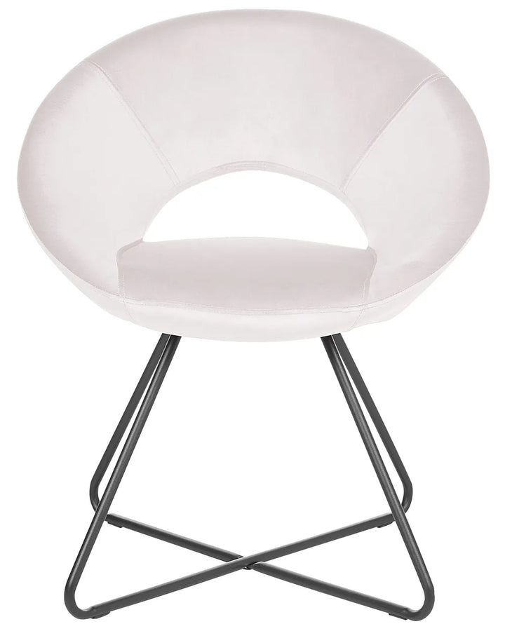 Off- White dining chair with a tall upholstered backrest, padded seat, integrated armrests, and metal legs.