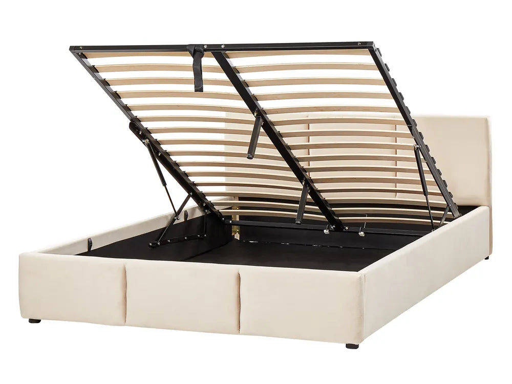 Beige bed frame with black metal slat support 