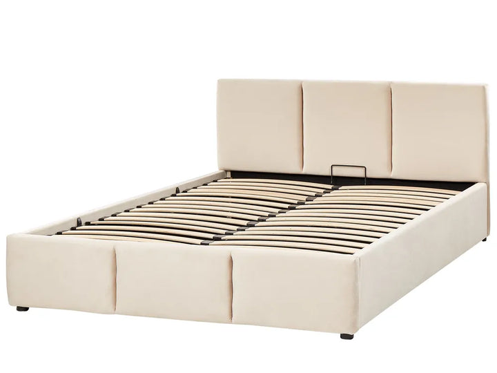 Beige upholstered bed frame on a white background