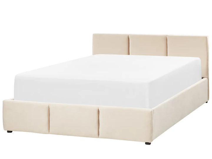 Beige bed frame with white mattress