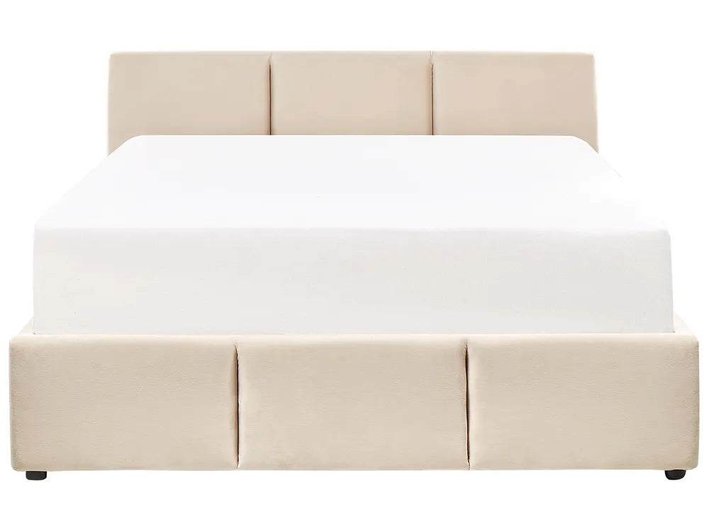 Beige upholstered bed with white mattress 