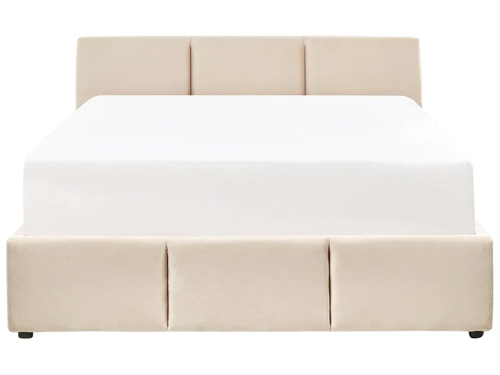 Beige upholstered bed with white mattress 