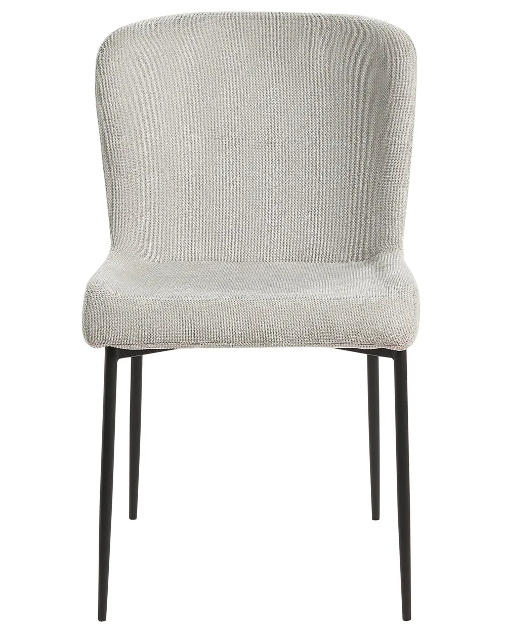 Light grey upholstered dining chair featuring a curved backrest, cushioned seat, and slim black metal legs. Its clean silhouette and textured fabric create a contemporary, minimalist look suitable for dining spaces and modern interiors.
