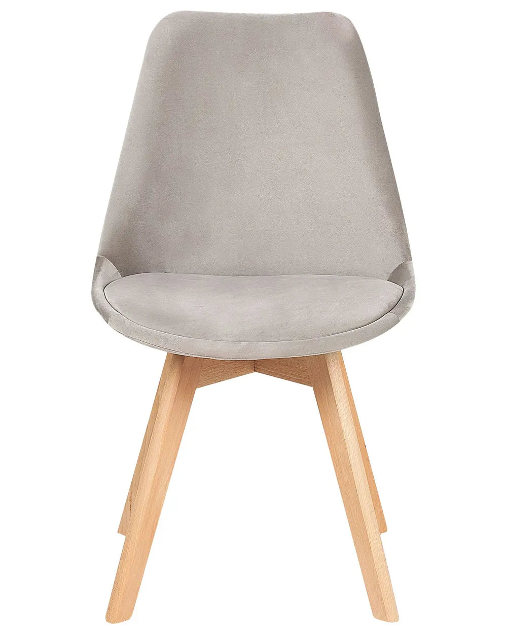 Grey velvet dining chair with a curved seat and natural wood legs for a soft, modern look.
