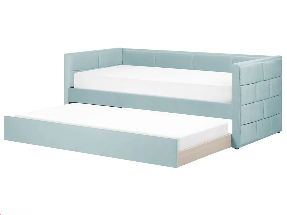 Light blue bed frame with white mattress on a white background
