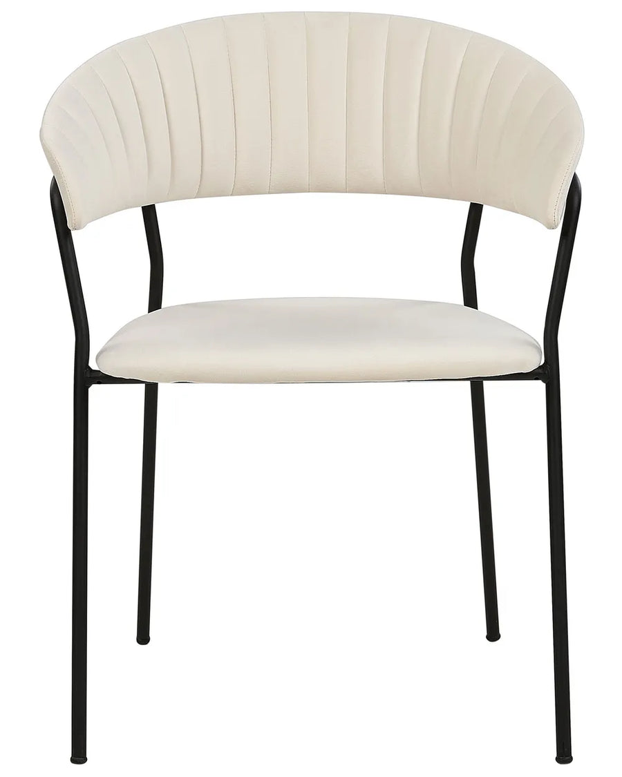 Cream upholstered dining chair with curved backrest and black metal frame.