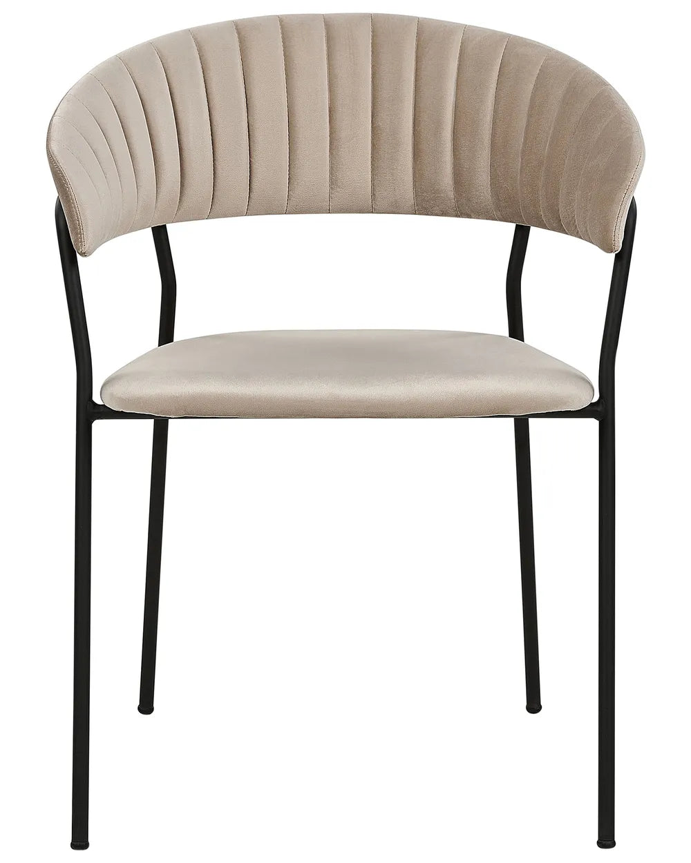 Taupe velvet dining chair with curved backrest and black metal frame.