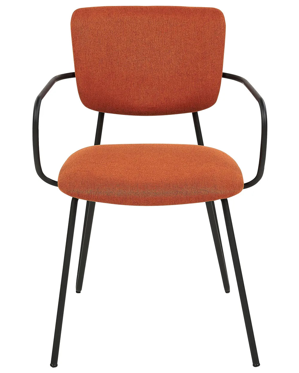 Rust orange upholstered dining chair with black metal frame and integrated armrests.