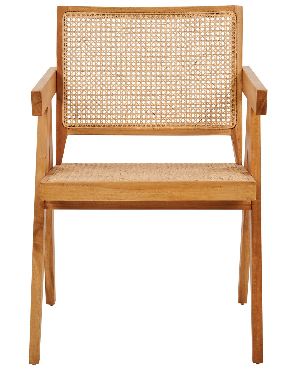 Wooden chair with wicker backrest on a white background.