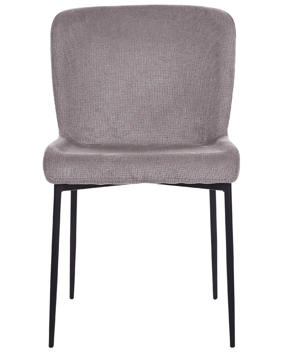 Grey upholstered dining chair with a curved backrest, cushioned seat, and slim black metal legs.