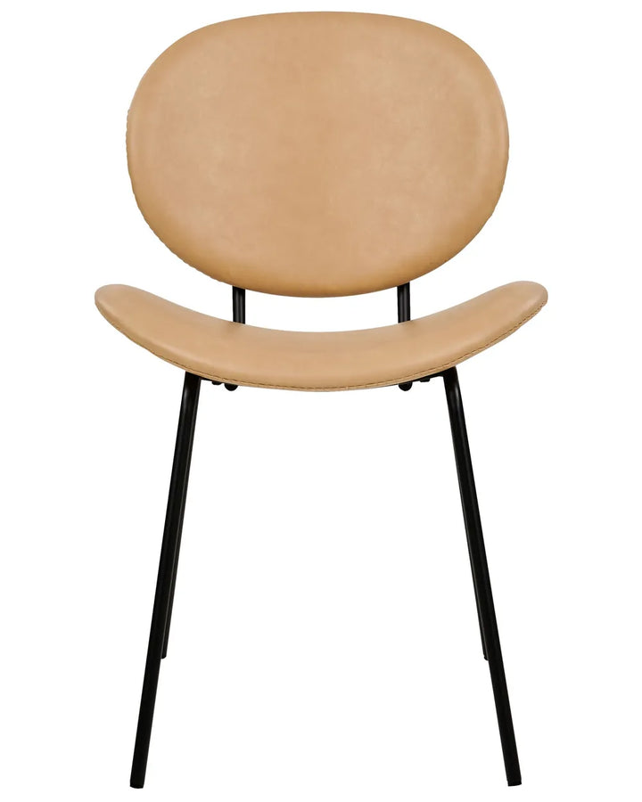 Contemporary dining chair with a curved faux leather seat and backrest in a warm tan finish, supported by slim black metal legs for a sleek modern look.