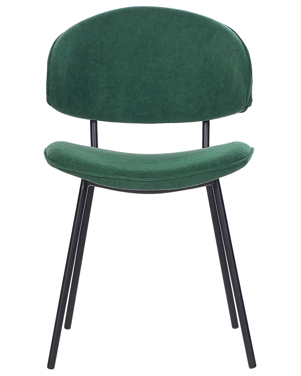 Green upholstered dining chair with a curved backrest, cushioned seat, and sleek black metal legs, combining comfort with contemporary style.