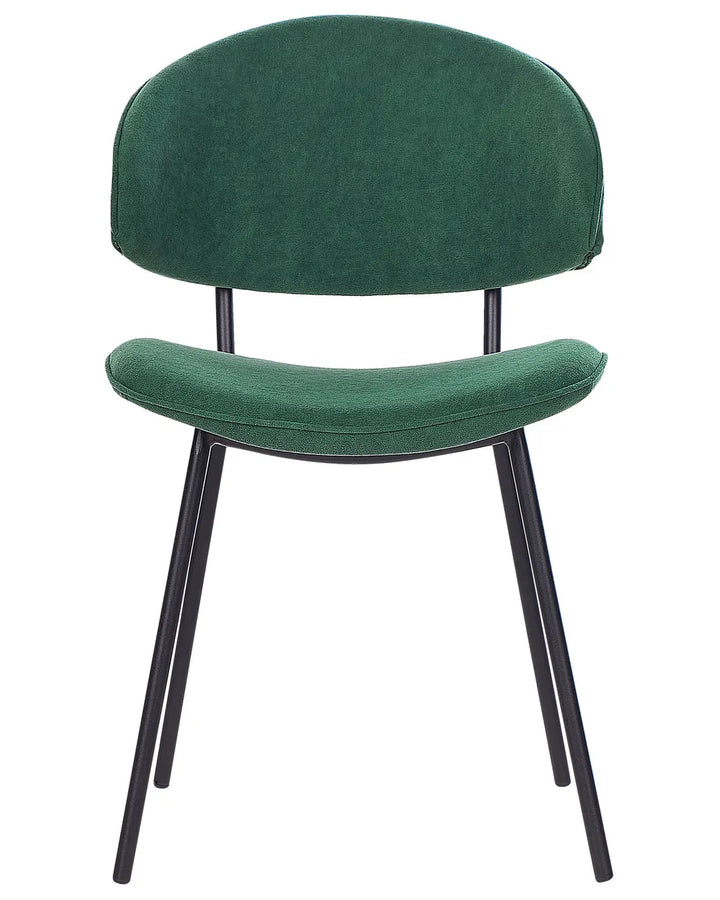 Green upholstered dining chair with a curved backrest, cushioned seat, and sleek black metal legs, combining comfort with contemporary style.