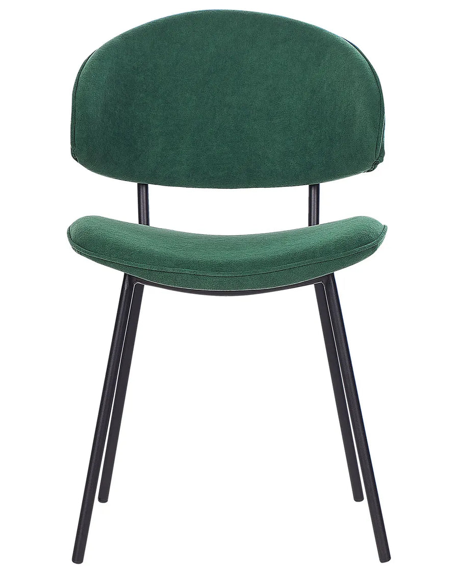 Green upholstered dining chair with a curved backrest, cushioned seat, and sleek black metal legs, combining comfort with contemporary style.