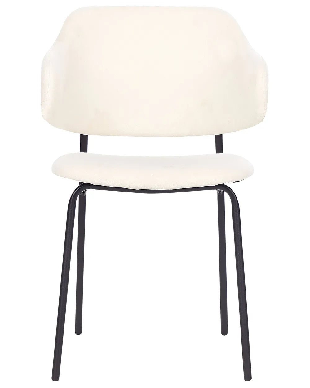Cream boucle dining chair with curved backrest and black metal legs.