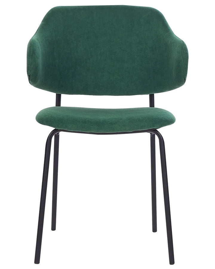 Emerald green upholstered dining chair with a curved wraparound backrest, cushioned seat, and slim black metal legs, photographed on a white background.
