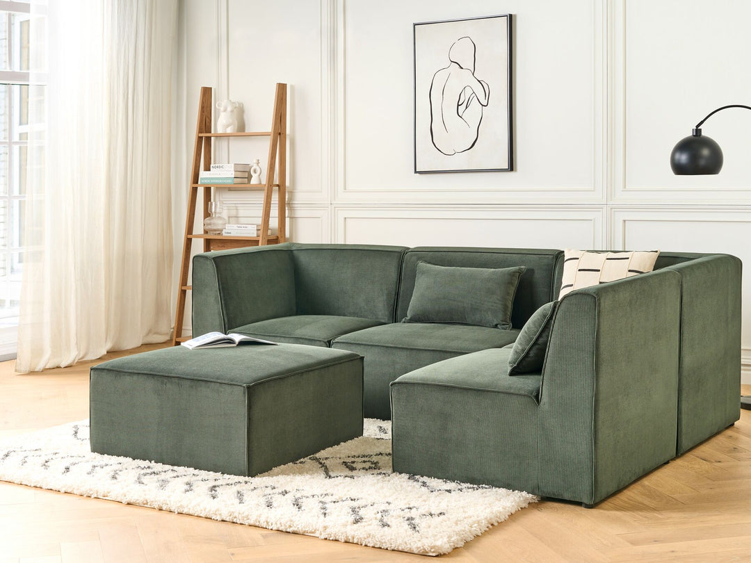 Lemvig Left Hand 4 Seater Modular Jumbo Cord Corner Sofa with Ottoman Dark Green