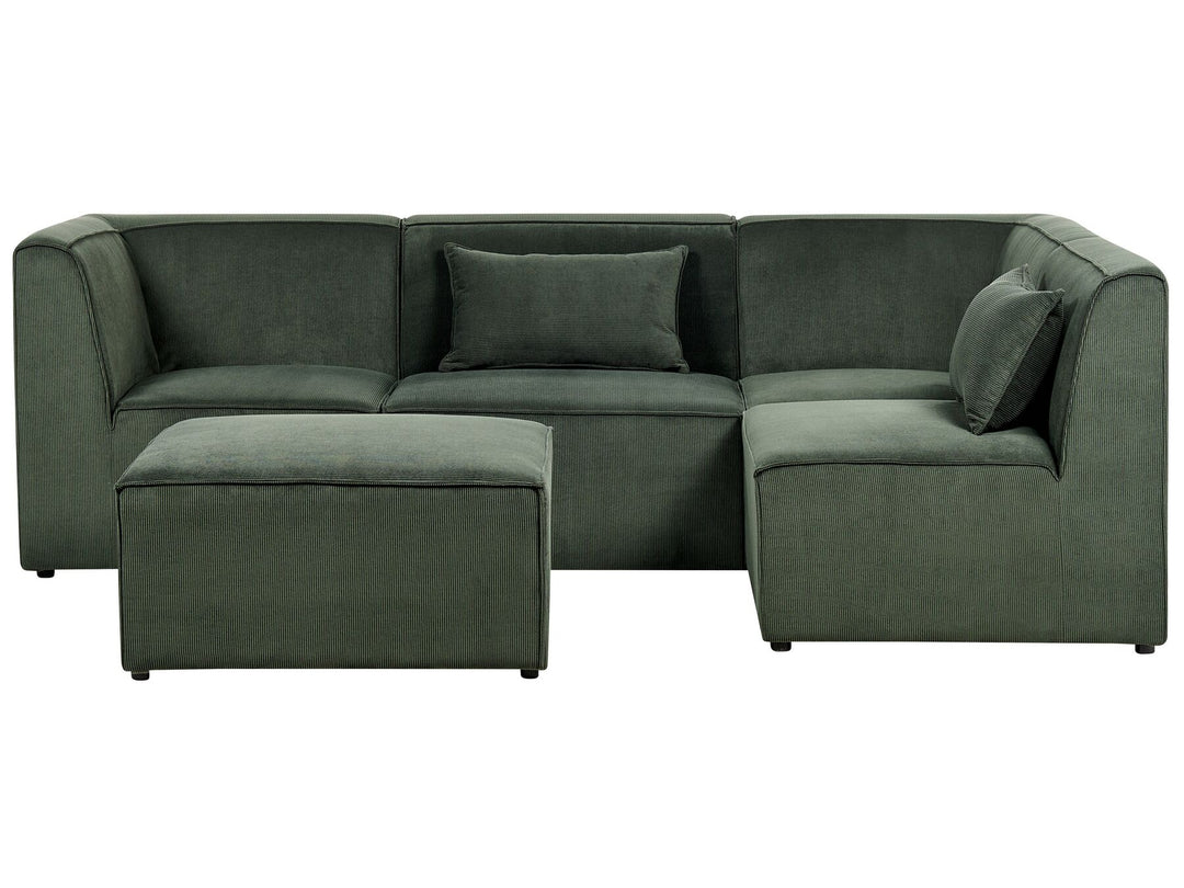 Left Hand 4 Seater Modular Jumbo Cord Corner Sofa with Ottoman Dark Green Ilkeston