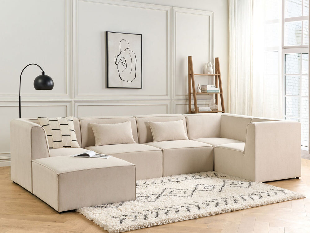 Lemvig Left Hand 5 Seater Modular Jumbo Cord Corner Sofa with Ottoman Beige