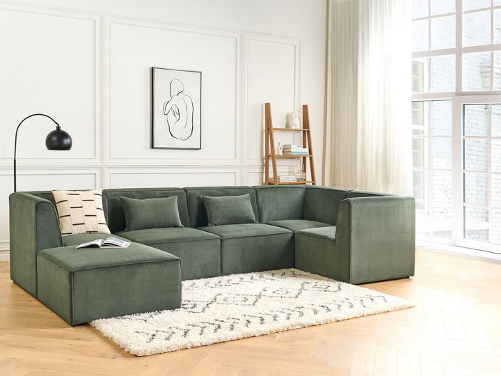 Lemvig Left Hand 5 Seater Modular Jumbo Cord Corner Sofa with Ottoman Dark Green 
