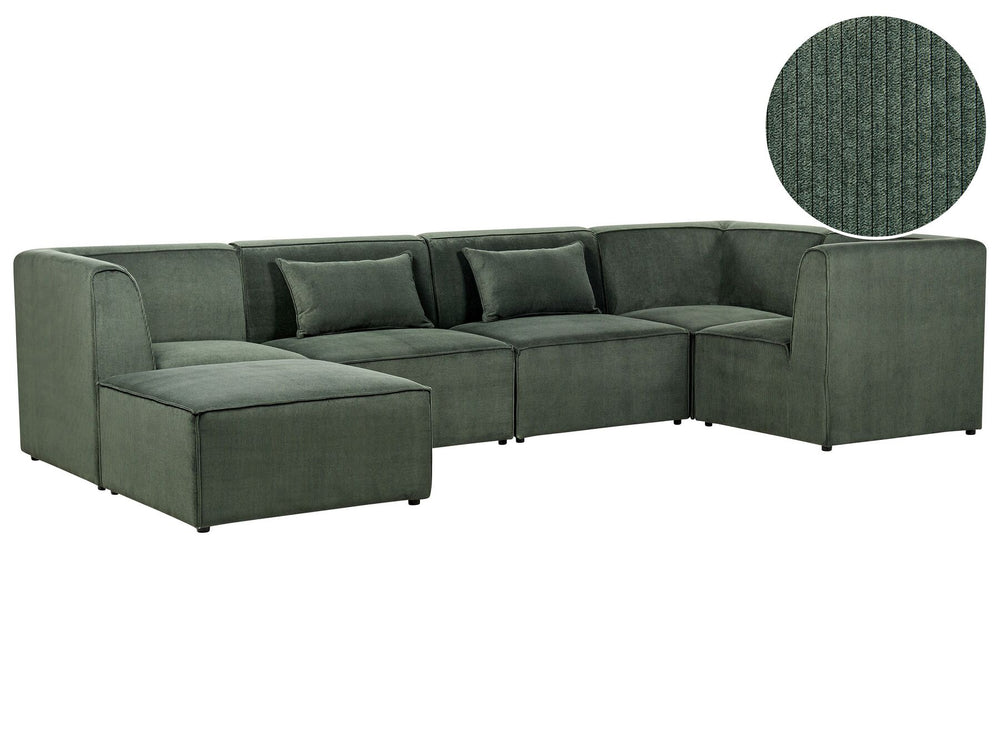 Lemvig Left Hand 5 Seater Modular Jumbo Cord Corner Sofa with Ottoman Dark Green 