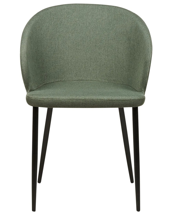 Green upholstered dining chair with a curved wraparound backrest, padded seat, and slim black metal legs.