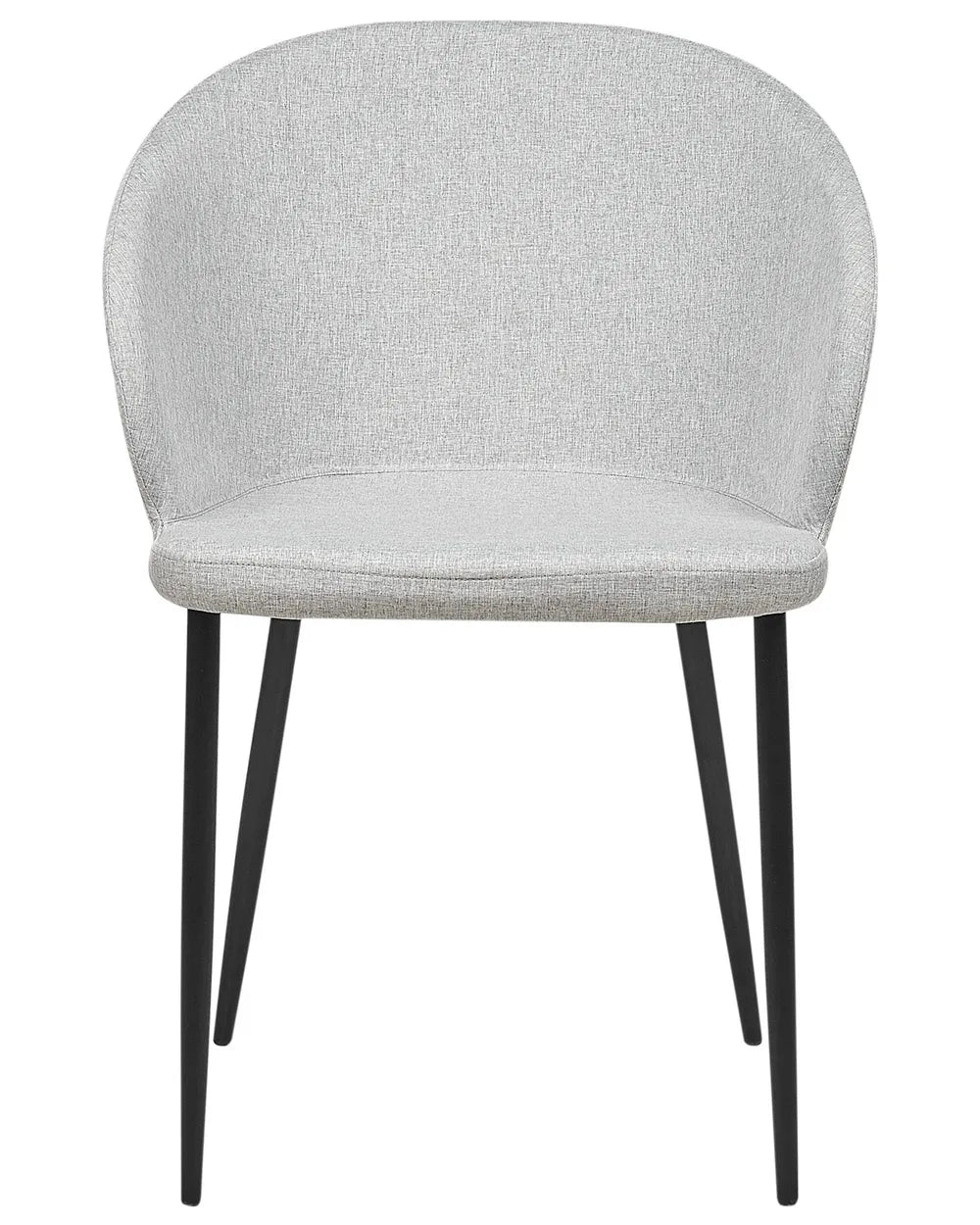 Light grey upholstered dining chair with a curved wraparound backrest, padded seat, and slim black metal legs.