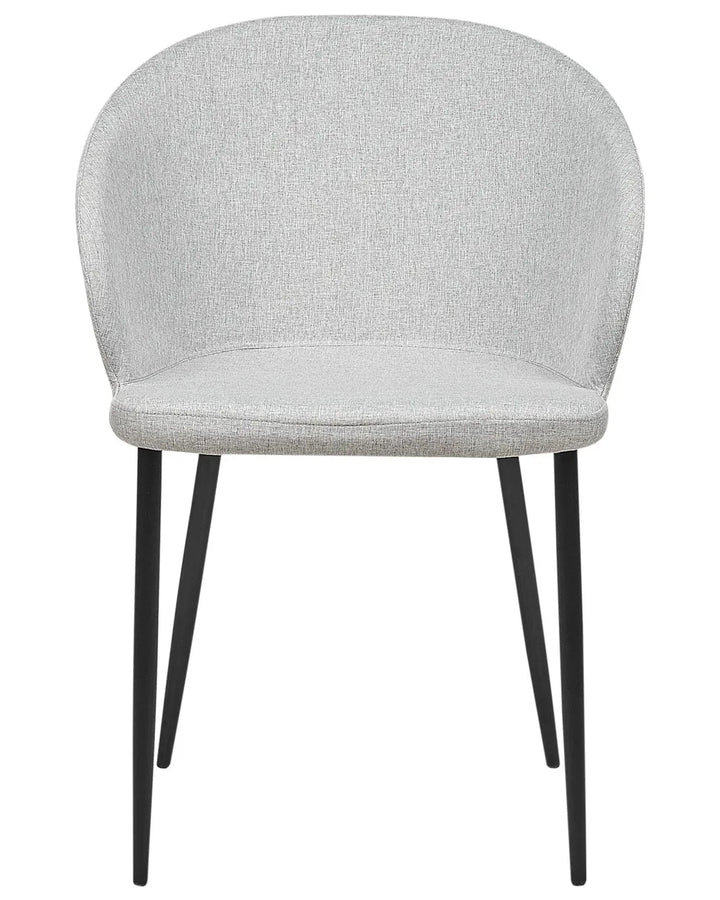 Light grey upholstered dining chair with a curved wraparound backrest, padded seat, and slim black metal legs.
