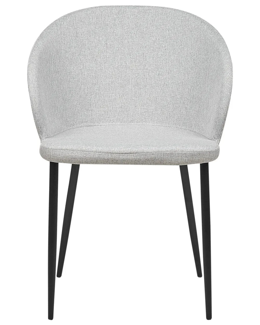 Light grey upholstered dining chair with a curved wraparound backrest, padded seat, and slim black metal legs.