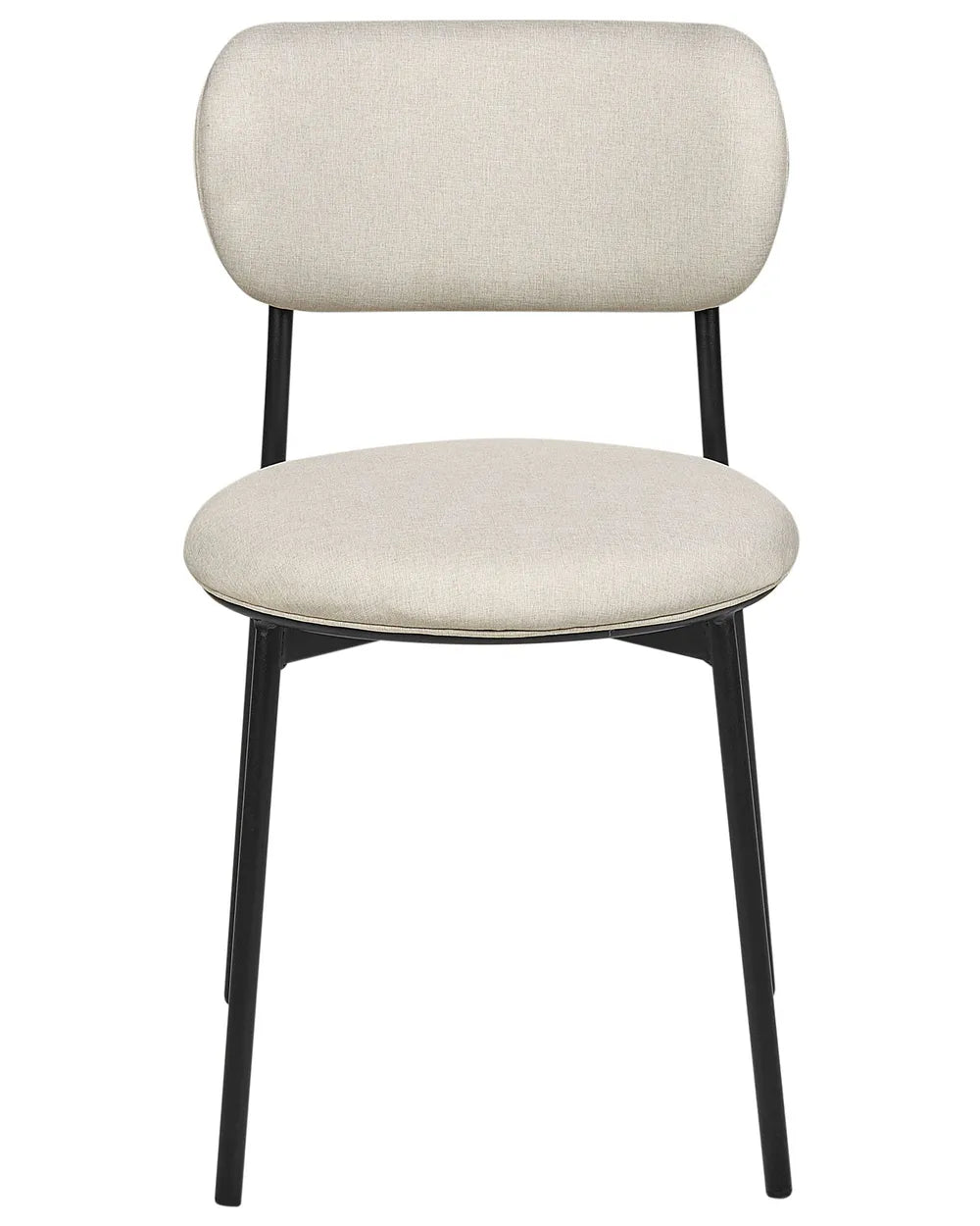 Cream upholstered dining chair with a rounded backrest, padded seat, and slim black metal frame for a sleek contemporary look.