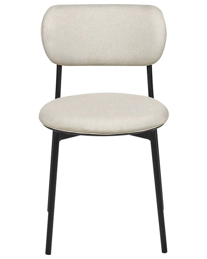 Cream upholstered dining chair with a rounded backrest, padded seat, and slim black metal frame for a sleek contemporary look.