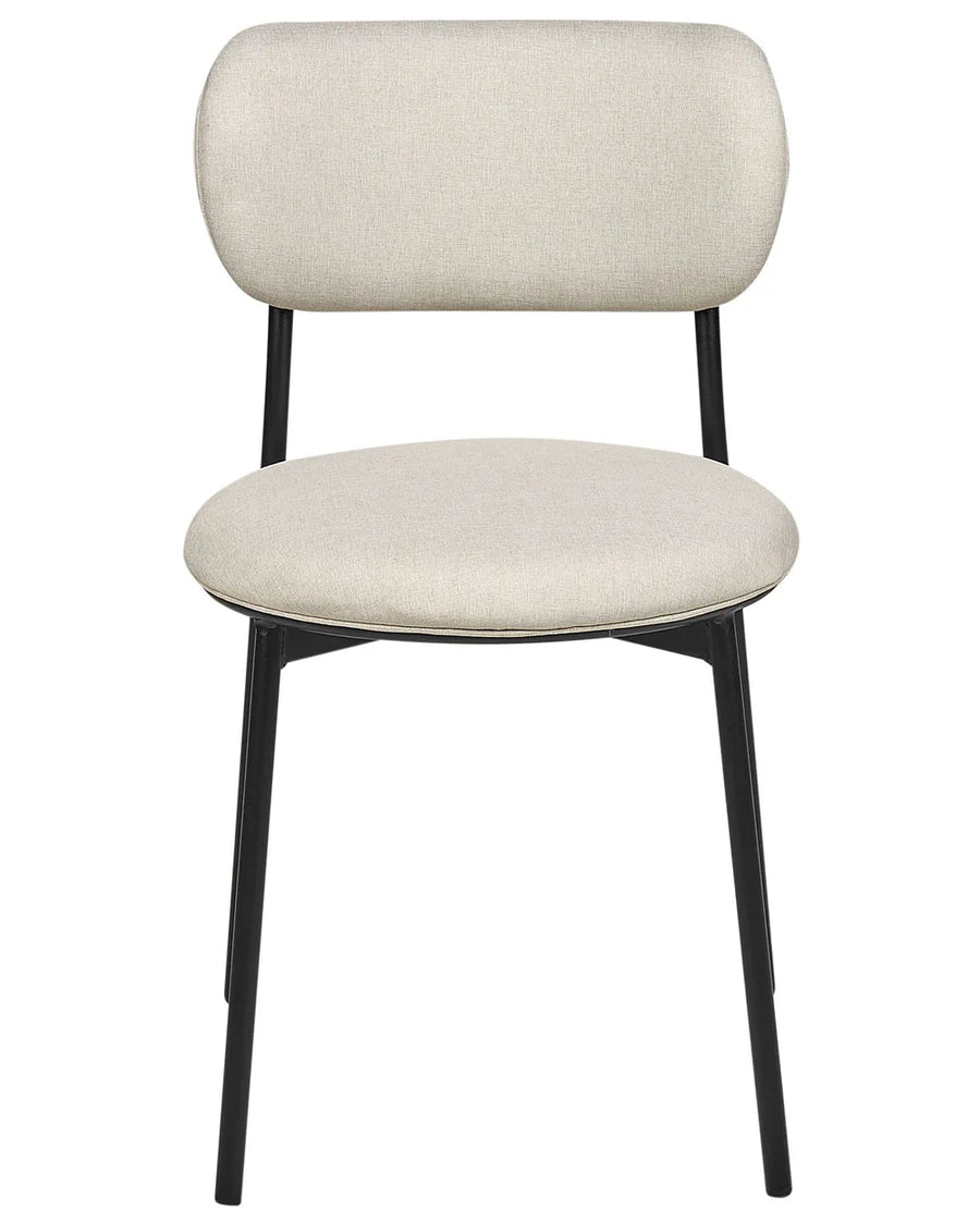 Cream upholstered dining chair with a rounded backrest, padded seat, and slim black metal frame for a sleek contemporary look.