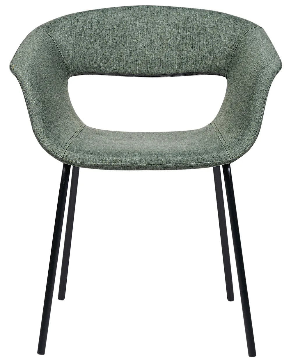 Dark green fabric dining chair with a curved low backrest, integrated padded seat and armrests, on slim black metal legs.