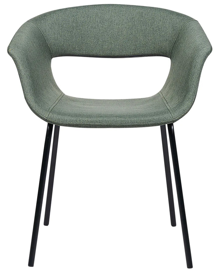 Dark green fabric dining chair with a curved low backrest, integrated padded seat and armrests, on slim black metal legs.