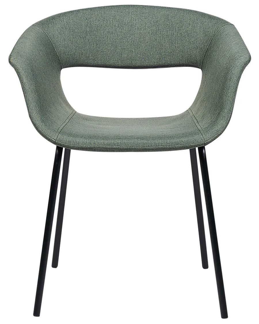Dark green fabric dining chair with a curved low backrest, integrated padded seat and armrests, on slim black metal legs.