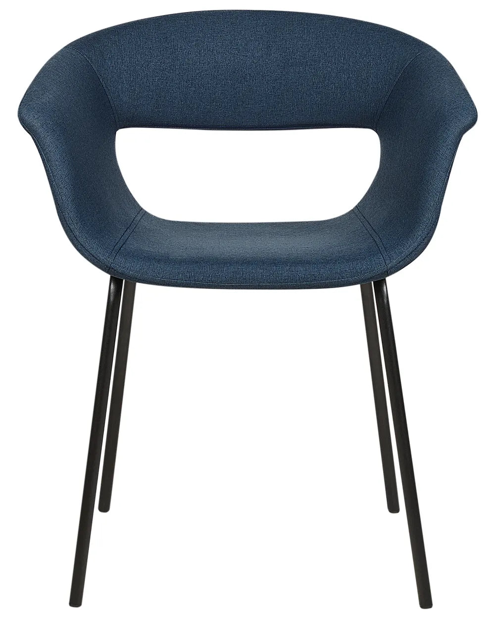 Dark blue fabric dining chair with a curved low backrest, integrated padded seat and armrests, on slim black metal legs.