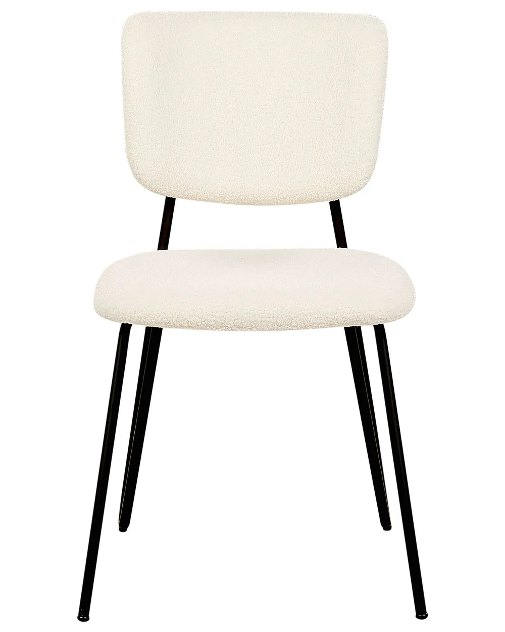 Cream bouclé dining chair with a soft upholstered seat and backrest, supported by sleek black metal legs.