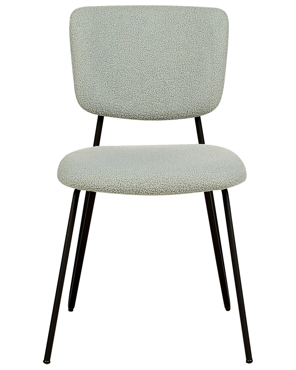 Light green bouclé dining chair with a softly padded seat and backrest, paired with slim black metal legs.