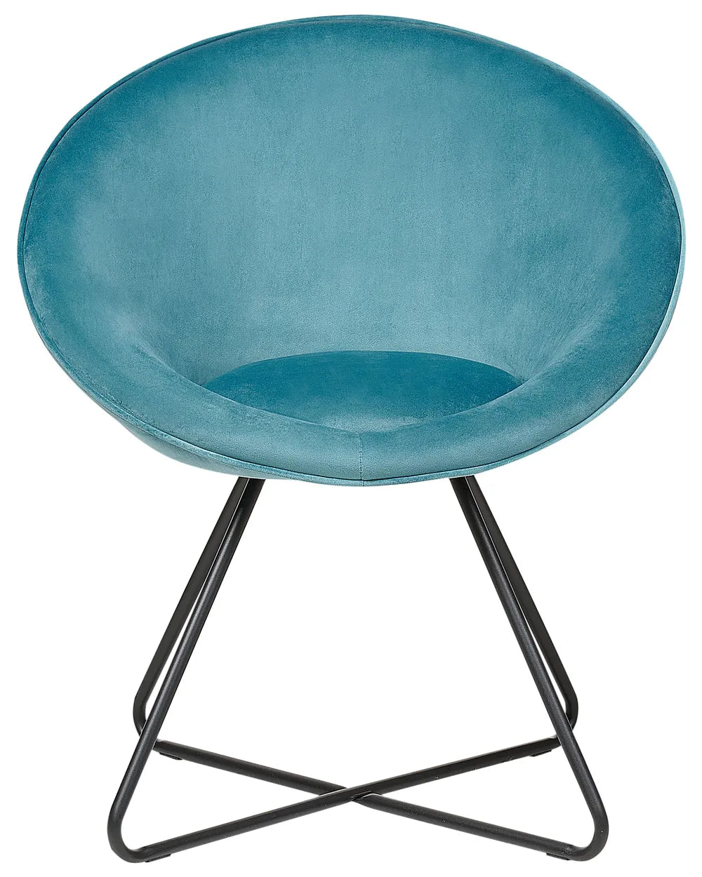 Blue velvet accent chair with a curved bowl-shaped seat and black geometric metal legs.