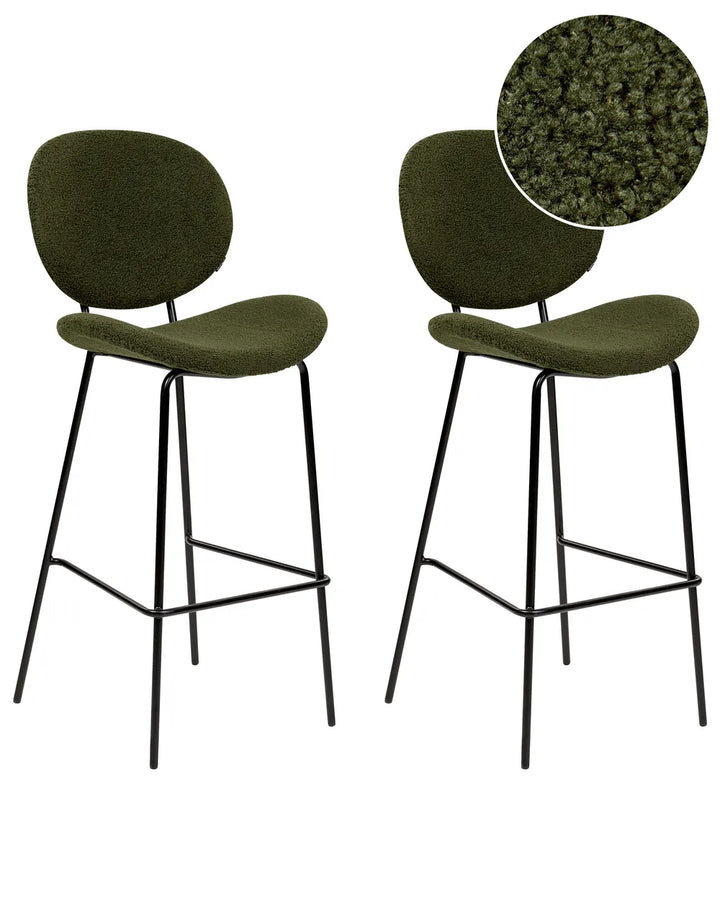 Set of 2 Bar Chairs Boucle Dark Green Comfortable Footrest Garvio